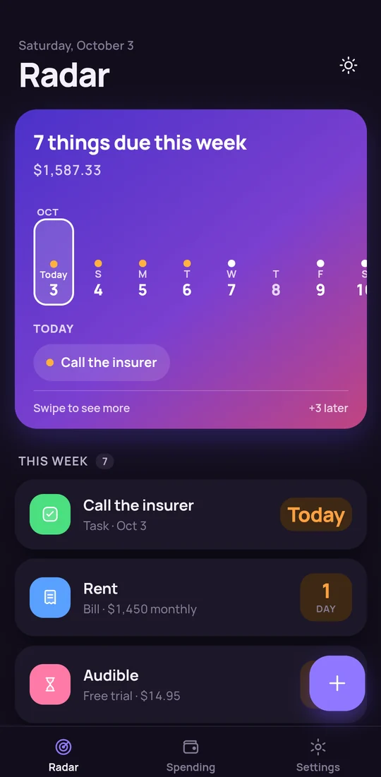 The Due Radar home screen listing what is due this week