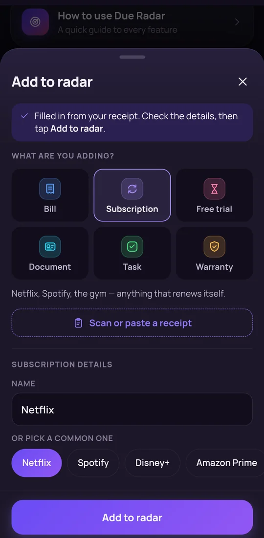 A shared receipt filling in the add form by itself