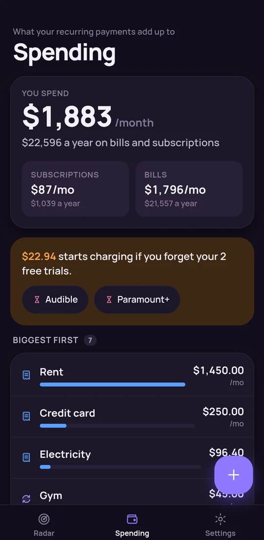 The Spending screen showing monthly and yearly totals